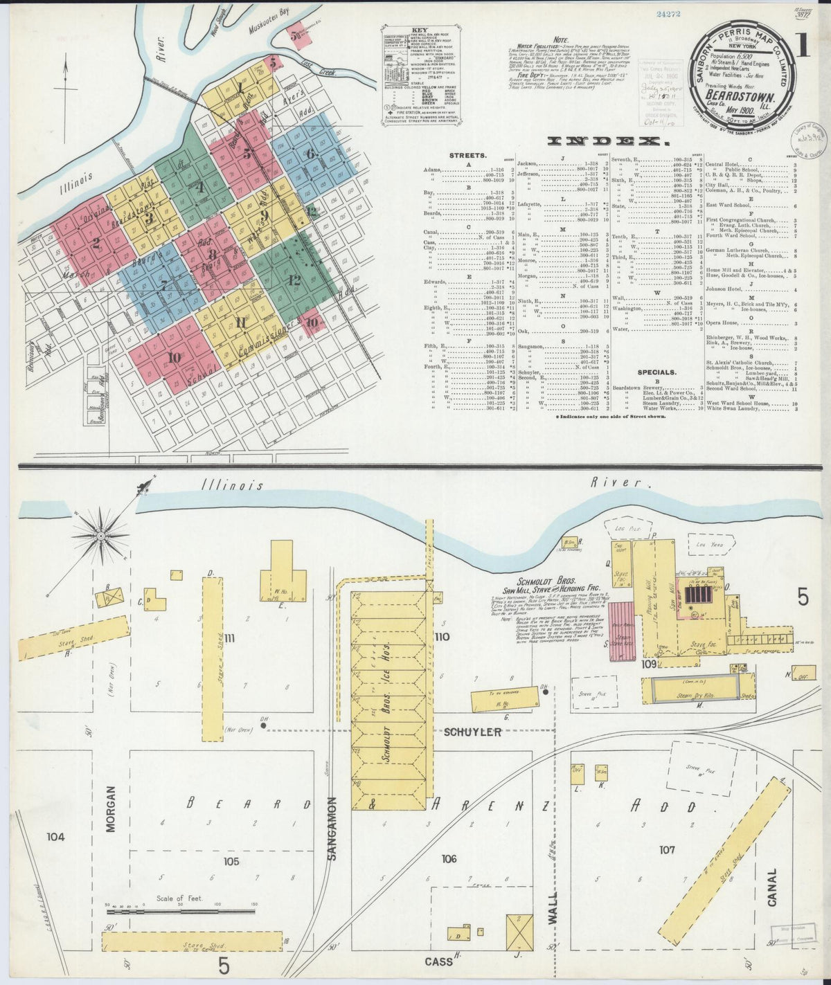 Sanborn Fire Insurance Map from Beardstown, Cass County, Illinois (1900), Sheet #0001 - Historic Sanborn Fire Insurance Map Print, vintage old map wall art, antique decor, genealogy gift, Illinois Illinois map