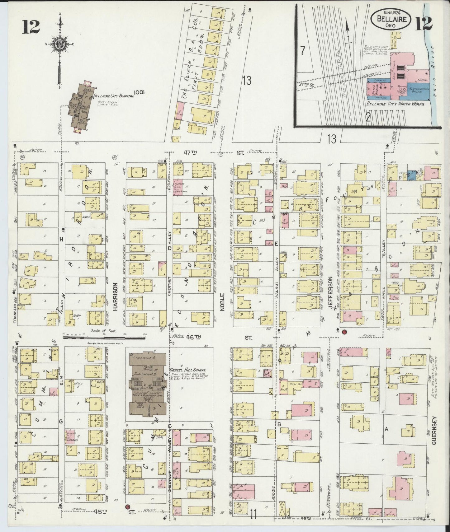 Sanborn Fire Insurance Map from Bellaire, Belmont County, Ohio (1924), Sheet #0012 - Historic Sanborn Fire Insurance Map Print, vintage old map wall art, antique decor, genealogy gift, Ohio Ohio map