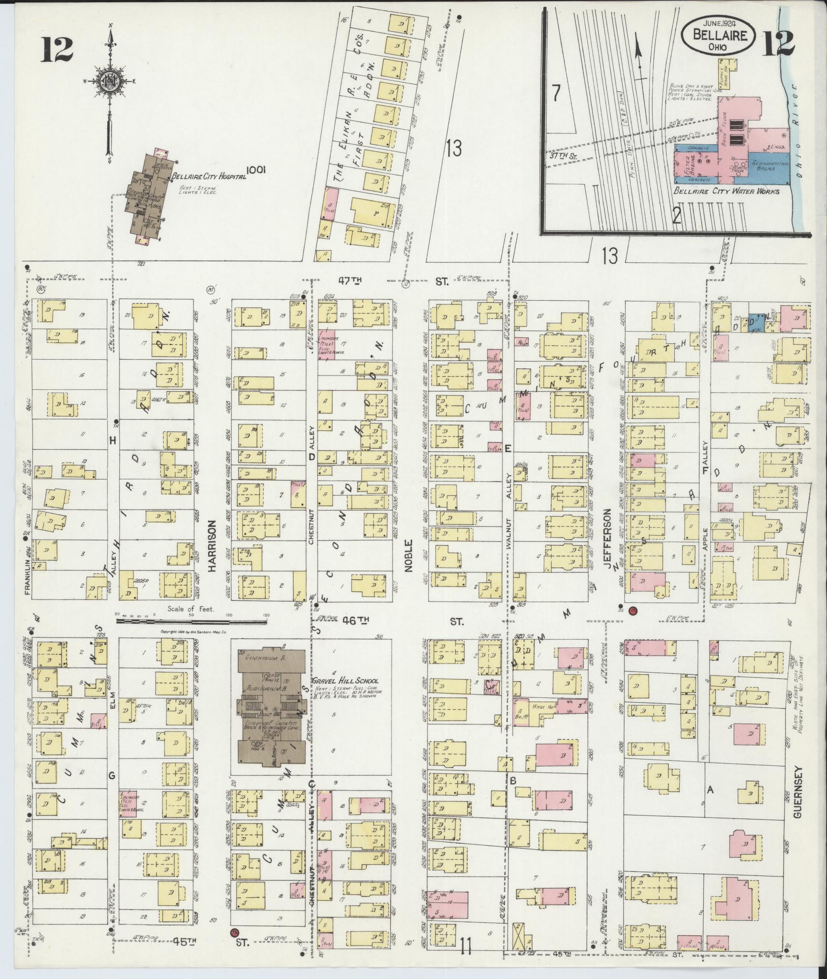 Sanborn Fire Insurance Map from Bellaire, Belmont County, Ohio (1924), Sheet #0012 - Historic Sanborn Fire Insurance Map Print, vintage old map wall art, antique decor, genealogy gift, Ohio Ohio map