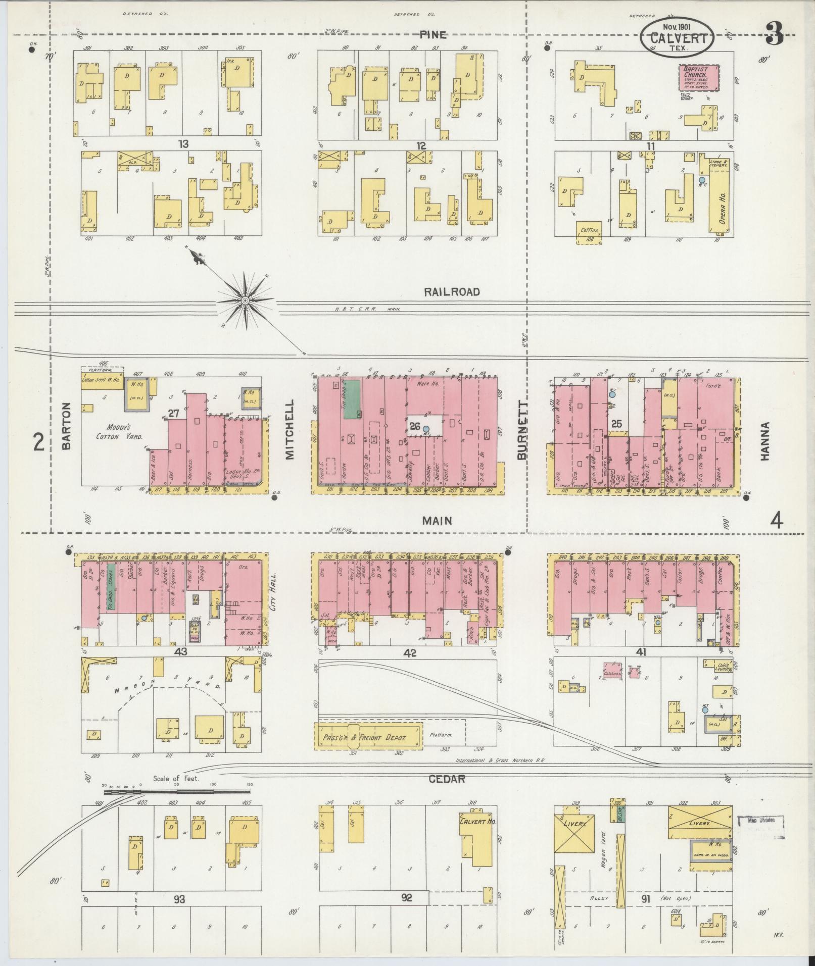 Sanborn Fire Insurance Map from Calvert, Robertson County, Texas (1901), Sheet #0003 - Historic Sanborn Fire Insurance Map Print, vintage old map wall art, antique decor, genealogy gift, Texas Texas map