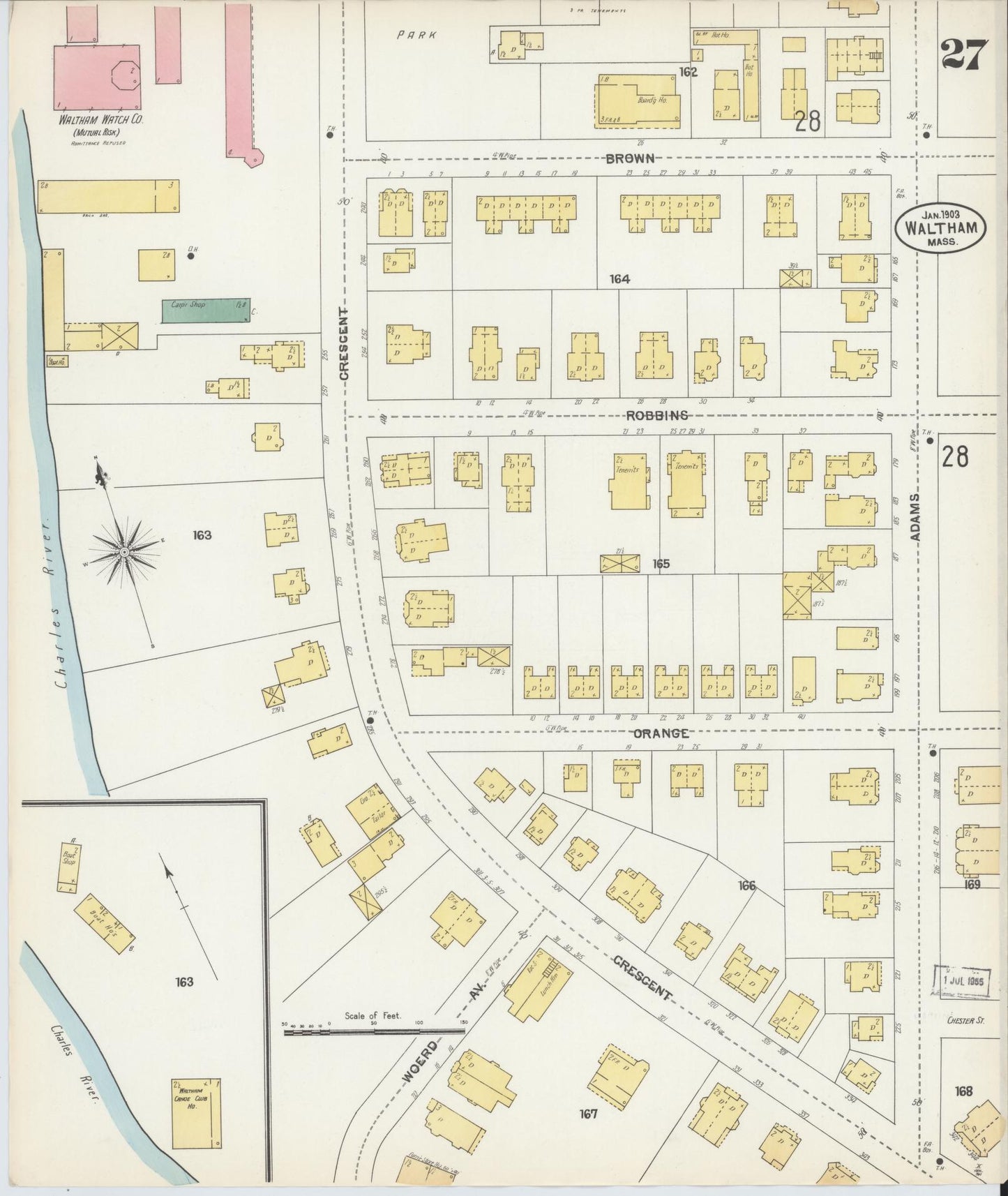 Sanborn Fire Insurance Map from Waltham, Middlesex County, Massachusetts (1903), Sheet #0027 - Historic Sanborn Fire Insurance Map Print, vintage old map wall art, antique decor, genealogy gift, Massachusetts Massachusetts map