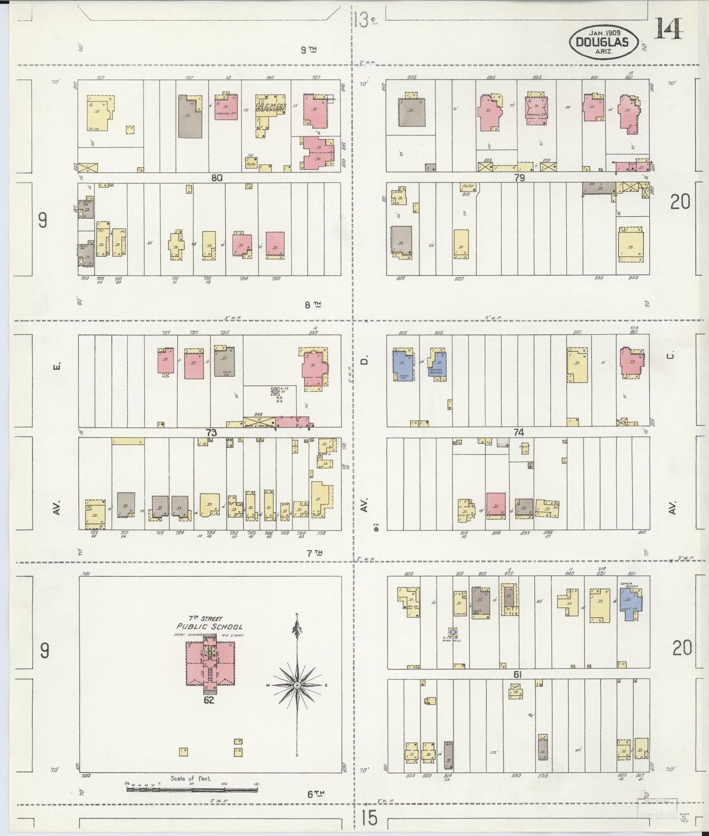 Sanborn Fire Insurance Map from Douglas, Cochise County, Arizona (1909), Sheet #0014 - Complete Map Set gallery image, historic Sanborn map, vintage wall art, Arizona Arizona