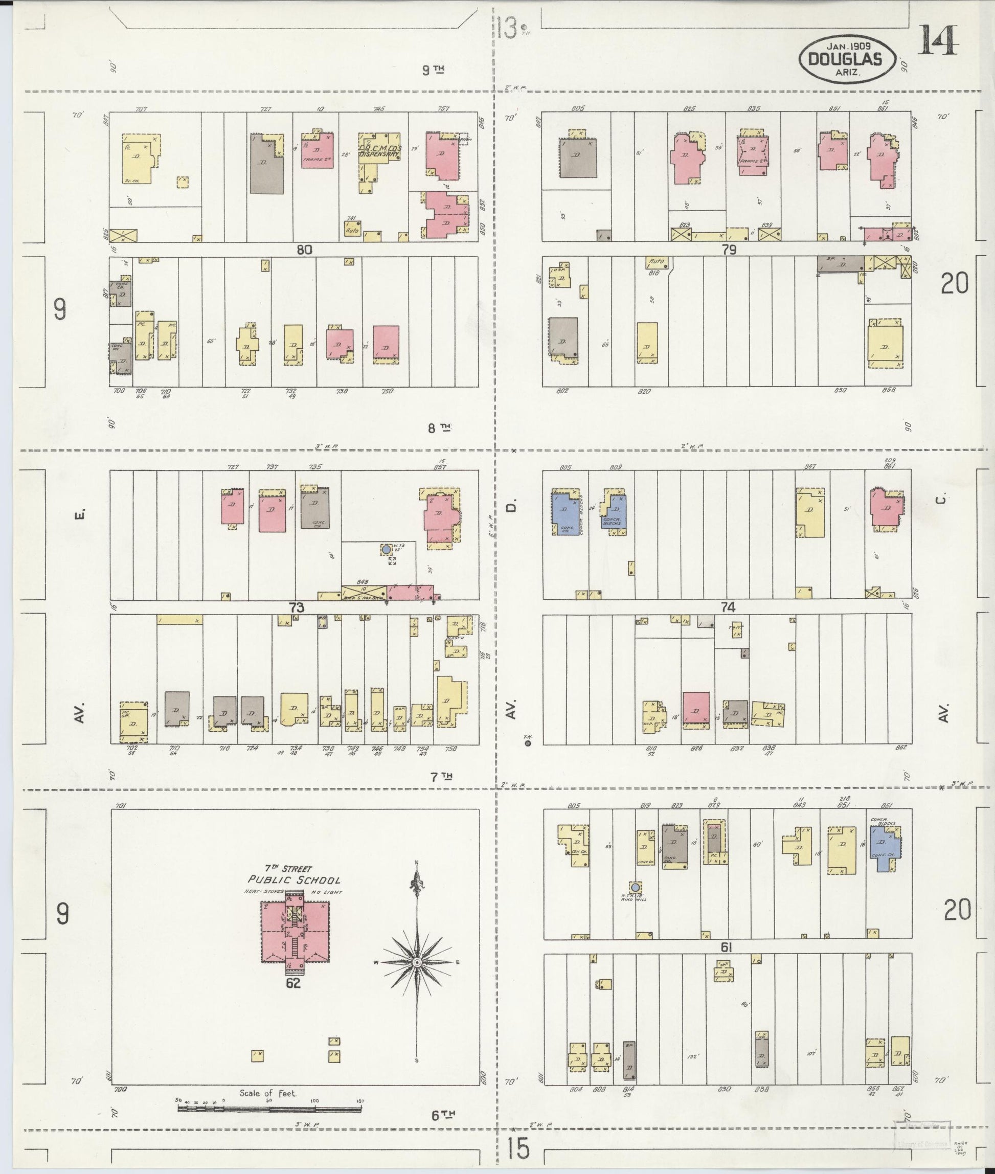 Sanborn Fire Insurance Map from Douglas, Cochise County, Arizona (1909), Sheet #0014 - Complete Map Set gallery image, historic Sanborn map, vintage wall art, Arizona Arizona