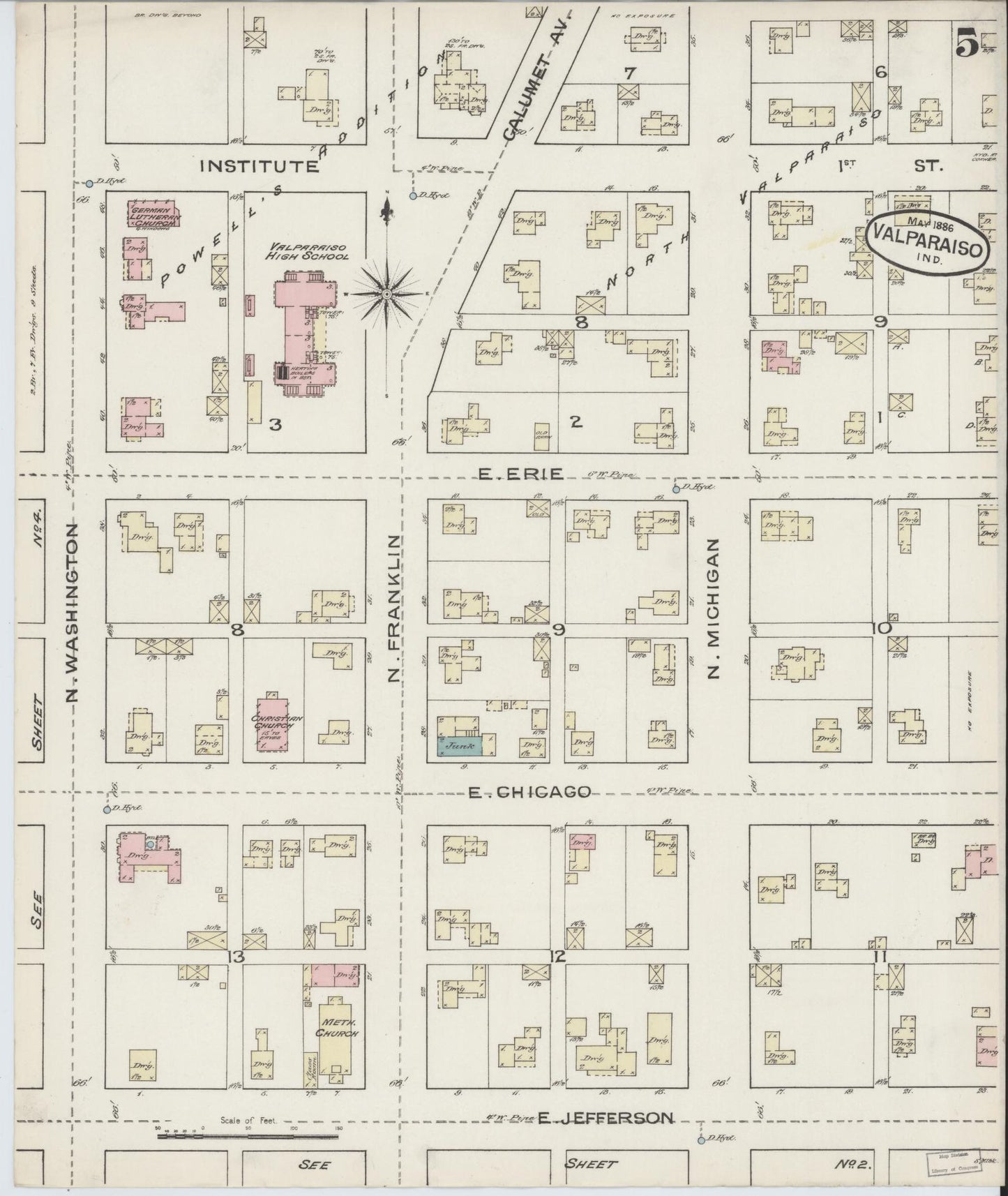 Sanborn Fire Insurance Map from Valparaiso, Porter County, Indiana (1886), Sheet #0005 - Complete Map Set gallery image, historic Sanborn map, vintage wall art, Indiana Indiana