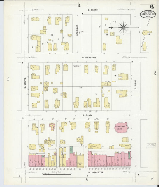 Sanborn Fire Insurance Map from Greenville, Montcalm County, Michigan (1908), Sheet #0006 - Historic Sanborn Fire Insurance Map Print, vintage old map wall art, antique decor, genealogy gift, Michigan Michigan map