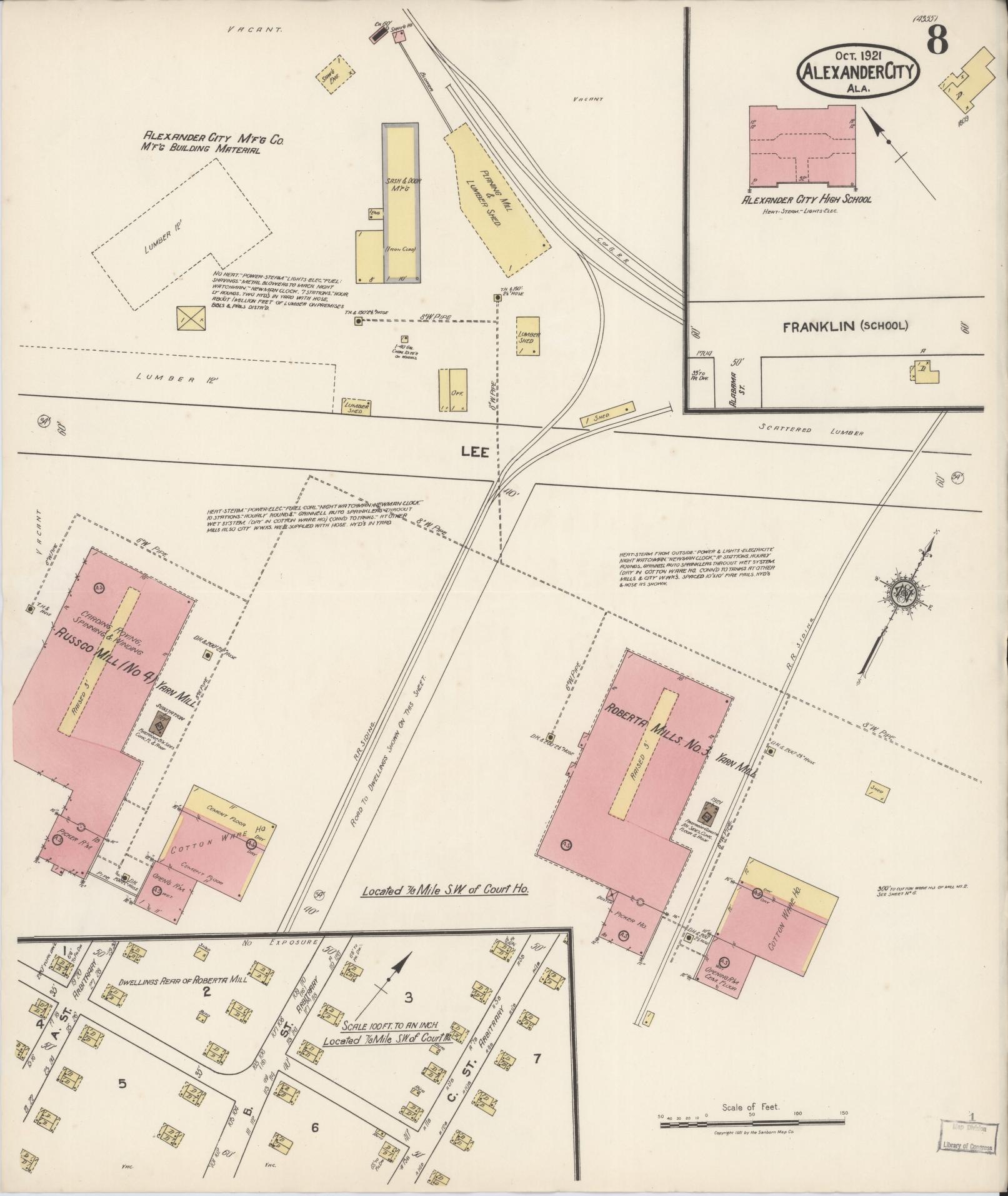 Sanborn Fire Insurance Map from Alexander City, Tallapoosa County, Alabama (1921), Sheet #0008 - Complete Map Set gallery image, historic Sanborn map, vintage wall art, Alabama Alabama