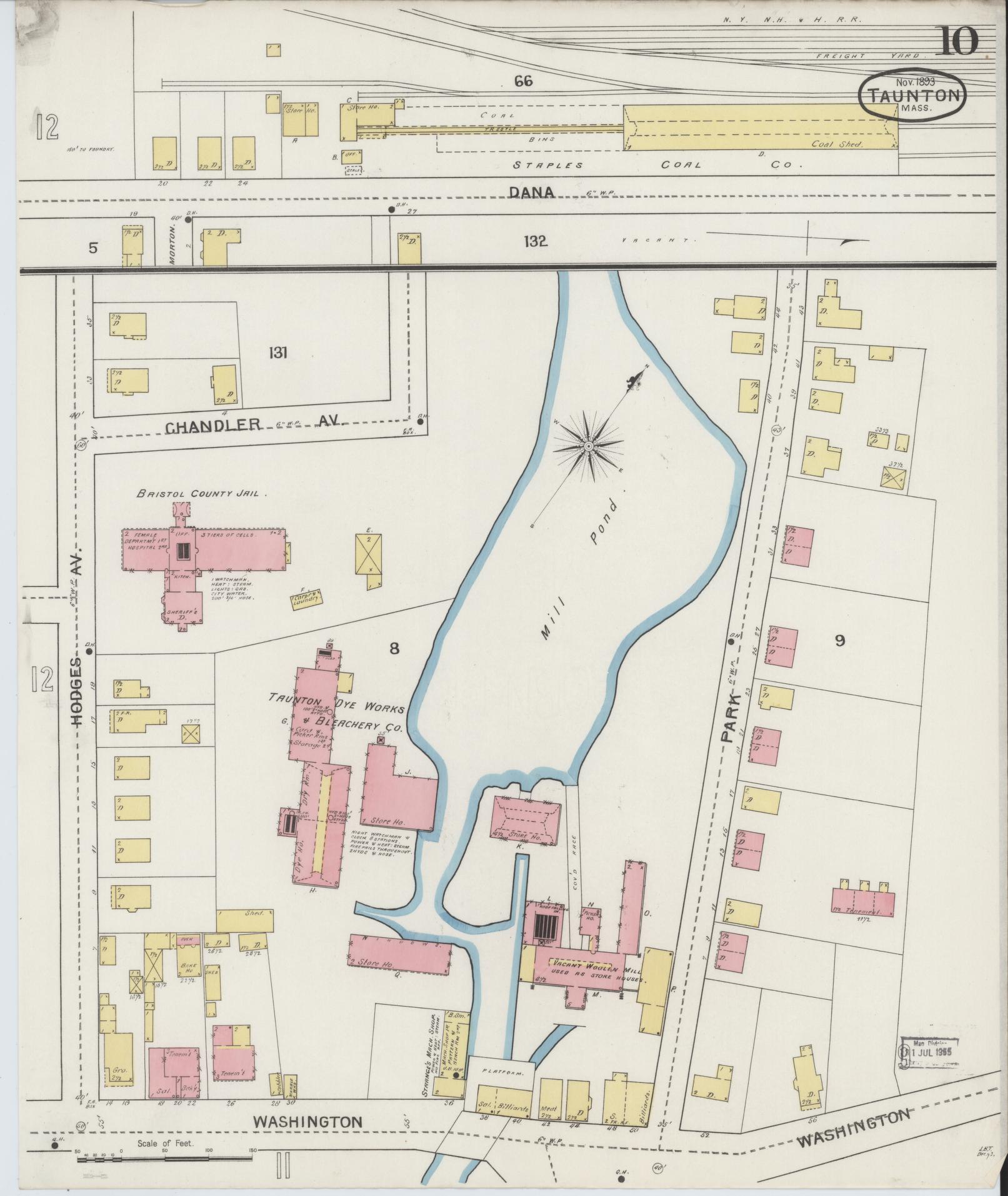 Sanborn Fire Insurance Map from Taunton, Bristol County, Massachusetts (1893), Sheet #0010 - Historic Sanborn Fire Insurance Map Print, vintage old map wall art, antique decor, genealogy gift, Massachusetts Massachusetts map
