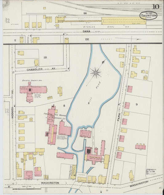 Sanborn Fire Insurance Map from Taunton, Bristol County, Massachusetts (1893), Sheet #0010 - Historic Sanborn Fire Insurance Map Print, vintage old map wall art, antique decor, genealogy gift, Massachusetts Massachusetts map