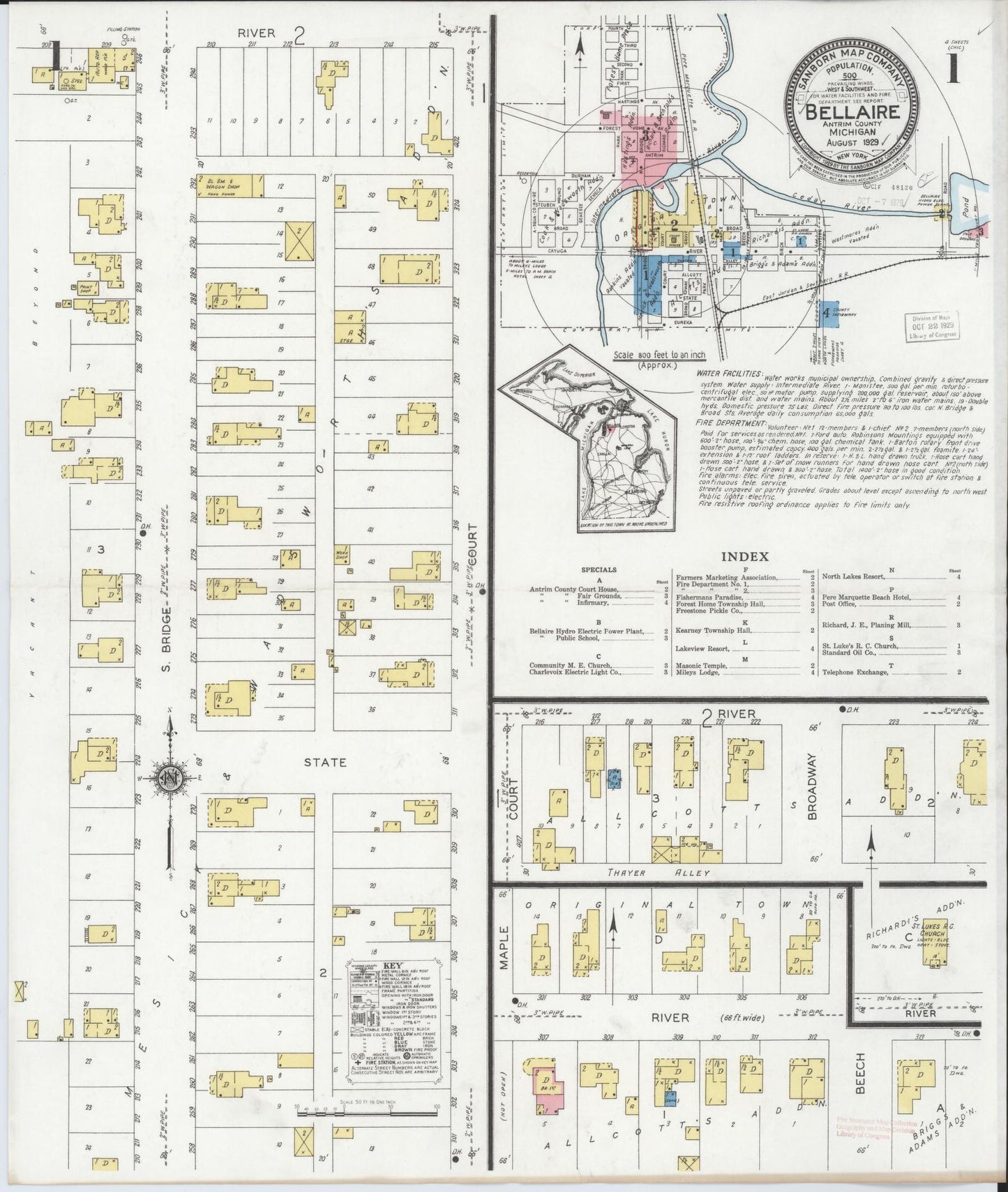 Sanborn Fire Insurance Map from Bellaire, Antrim County, Michigan (1929), Sheet #0001 - Historic Sanborn Fire Insurance Map Print, vintage old map wall art, antique decor, genealogy gift, Michigan Michigan map