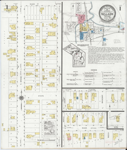 Sanborn Fire Insurance Map from Bellaire, Antrim County, Michigan (1929), Sheet #0001 - Historic Sanborn Fire Insurance Map Print, vintage old map wall art, antique decor, genealogy gift, Michigan Michigan map