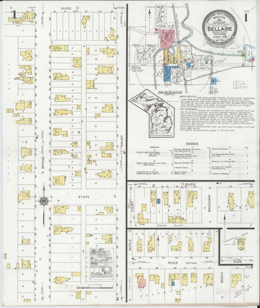 Sanborn Fire Insurance Map from Bellaire, Antrim County, Michigan (1929), Sheet #0001 - Historic Sanborn Fire Insurance Map Print, vintage old map wall art, antique decor, genealogy gift, Michigan Michigan map
