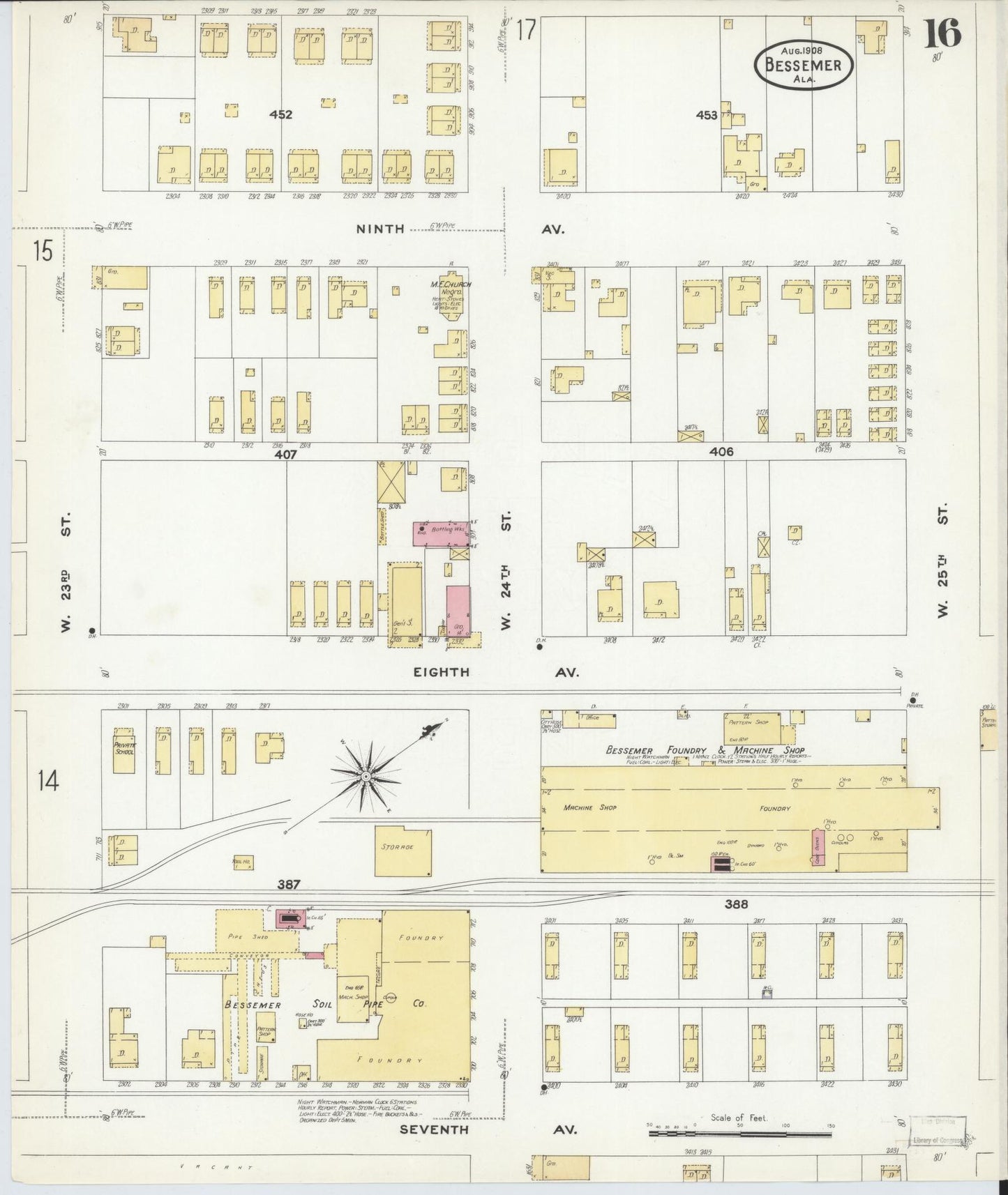 Sanborn Fire Insurance Map from Bessemer, Jefferson County, Alabama (1908), Sheet #0016 - Historic Sanborn Fire Insurance Map Print, vintage old map wall art, antique decor, genealogy gift, Alabama Alabama map