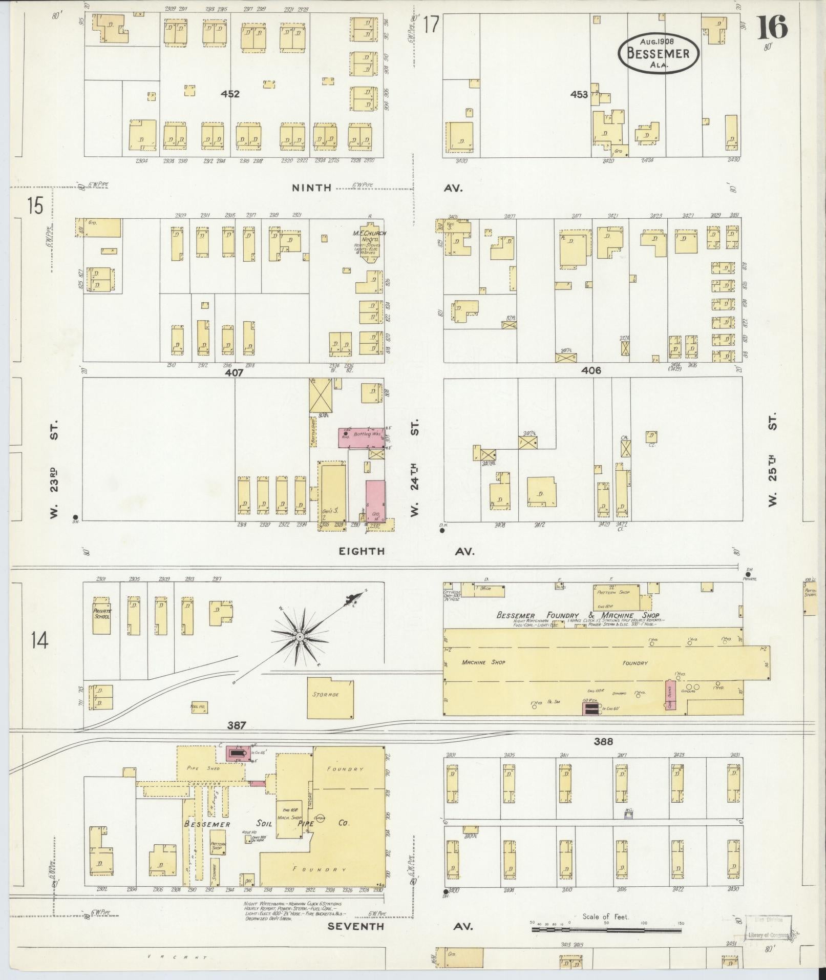 Sanborn Fire Insurance Map from Bessemer, Jefferson County, Alabama (1908), Sheet #0016 - Historic Sanborn Fire Insurance Map Print, vintage old map wall art, antique decor, genealogy gift, Alabama Alabama map