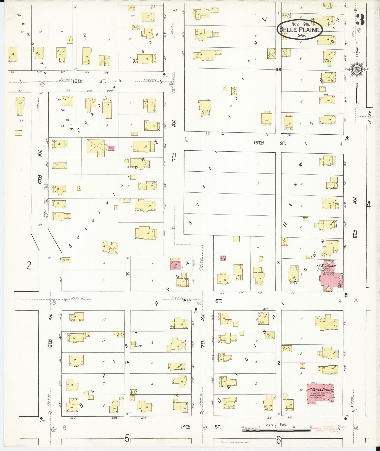 Sanborn Fire Insurance Map from Belle Plaine, Benton County, Iowa (1916), Sheet #0003 - Historic Sanborn Fire Insurance Map Print, vintage old map wall art