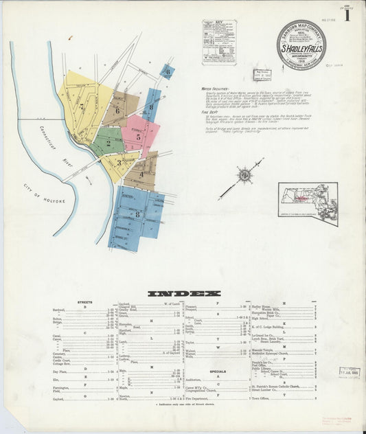 Sanborn Fire Insurance Map from South Hadley Falls, Hampshire County, Massachusetts (1918), Sheet #0001 - Historic Sanborn Fire Insurance Map Print, vintage old map wall art, antique decor, genealogy gift, Massachusetts Massachusetts map