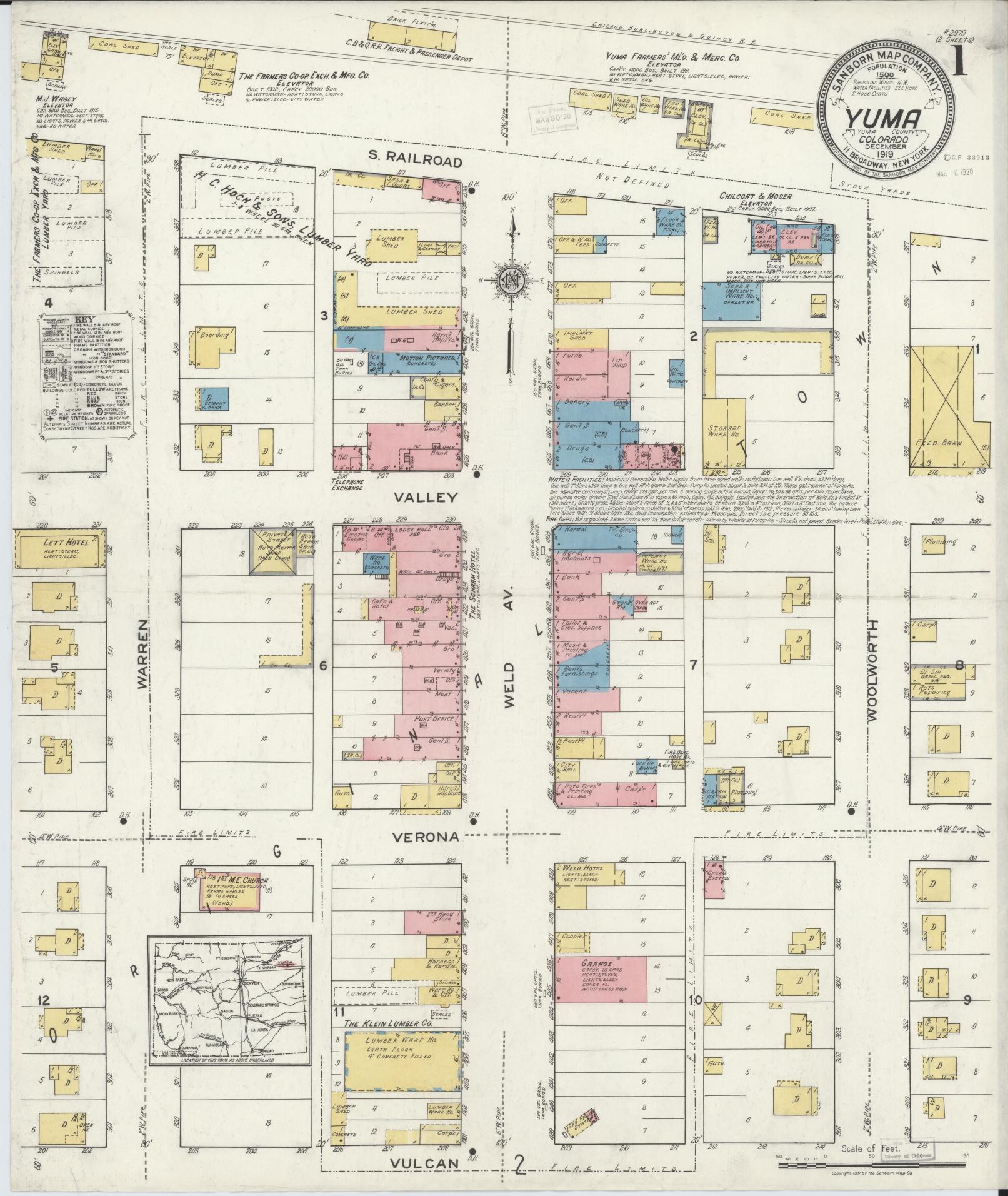 Sanborn Fire Insurance Map from Yuma, Yuma County, Colorado (1919), Sheet #0001 - Historic Sanborn Fire Insurance Map Print, vintage old map wall art, antique decor, genealogy gift, Colorado Colorado map
