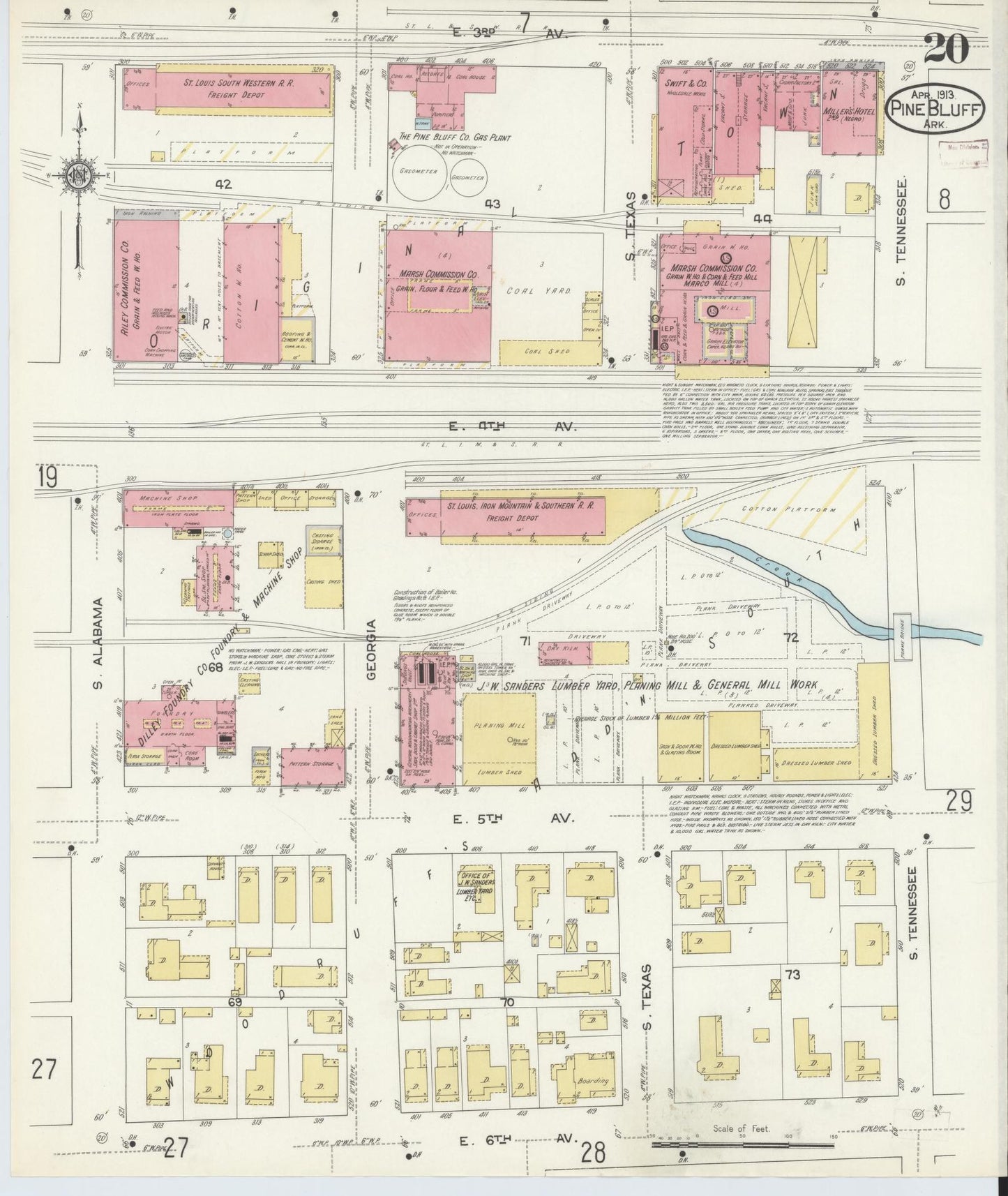 Sanborn Fire Insurance Map from Pine Bluff, Jefferson County, Arkansas (1913), Sheet #0020 - Historic Sanborn Fire Insurance Map Print, vintage old map wall art, antique decor, genealogy gift, Arkansas Arkansas map