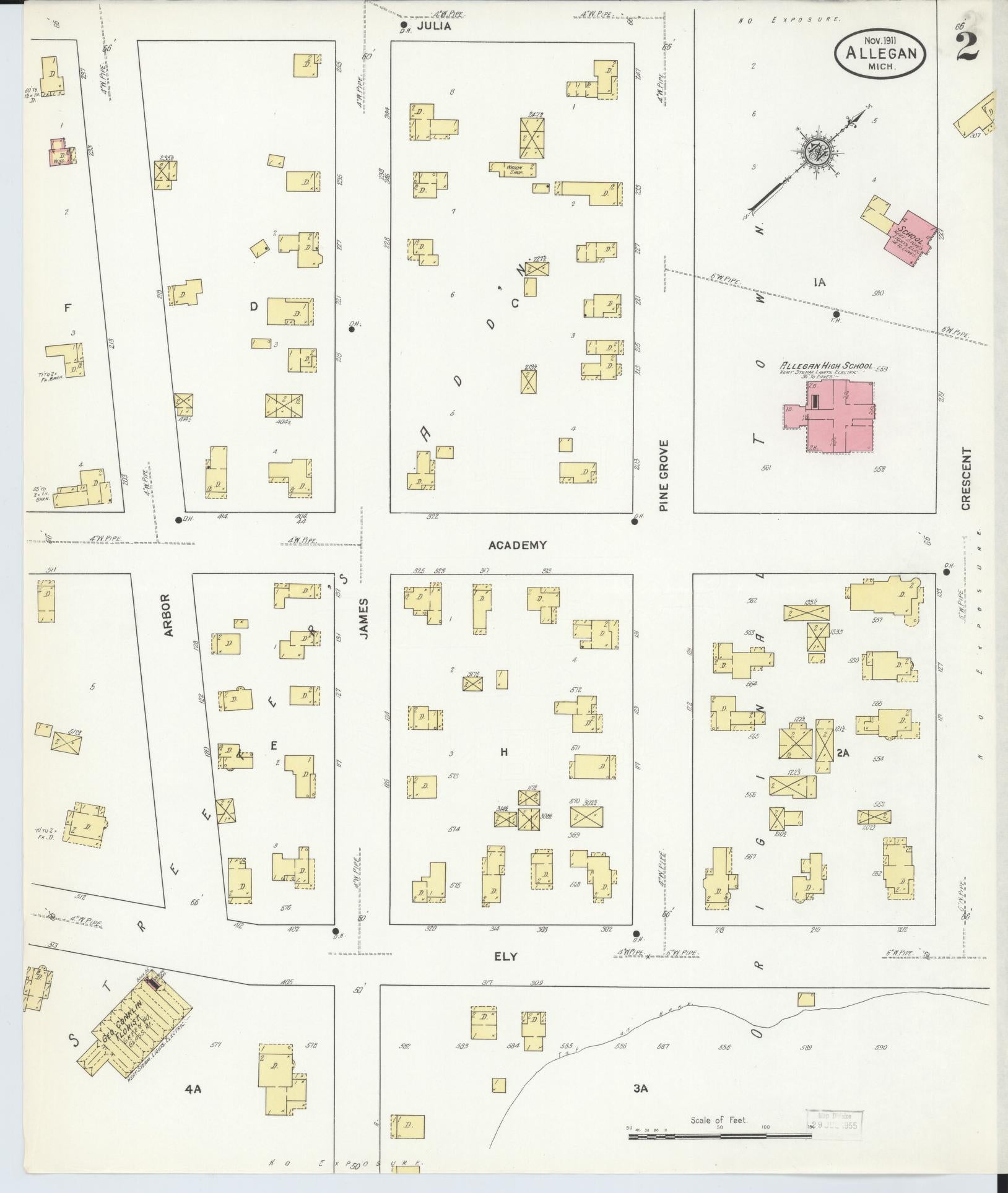 Sanborn Fire Insurance Map from Allegan, Allegan County, Michigan (1911), Sheet #0002 - Historic Sanborn Fire Insurance Map Print, vintage old map wall art, antique decor, genealogy gift, Michigan Michigan map