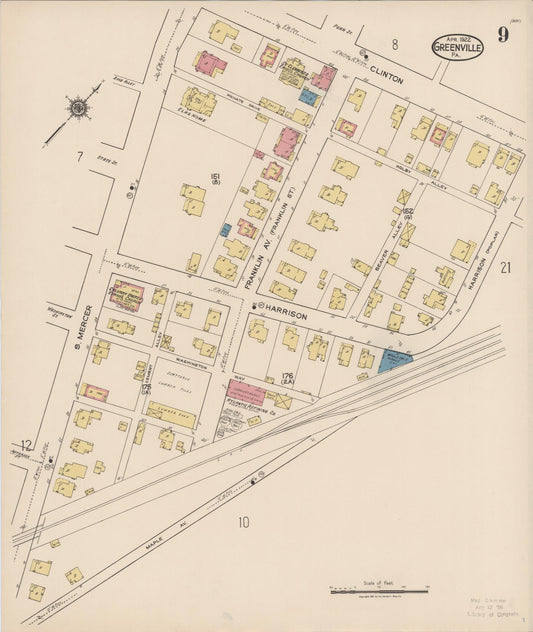 Sanborn Fire Insurance Map from Greenville, Mercer County, Pennsylvania (1922), Sheet #0009 - Historic Sanborn Fire Insurance Map Print, vintage old map wall art, antique decor, genealogy gift, Pennsylvania Pennsylvania map