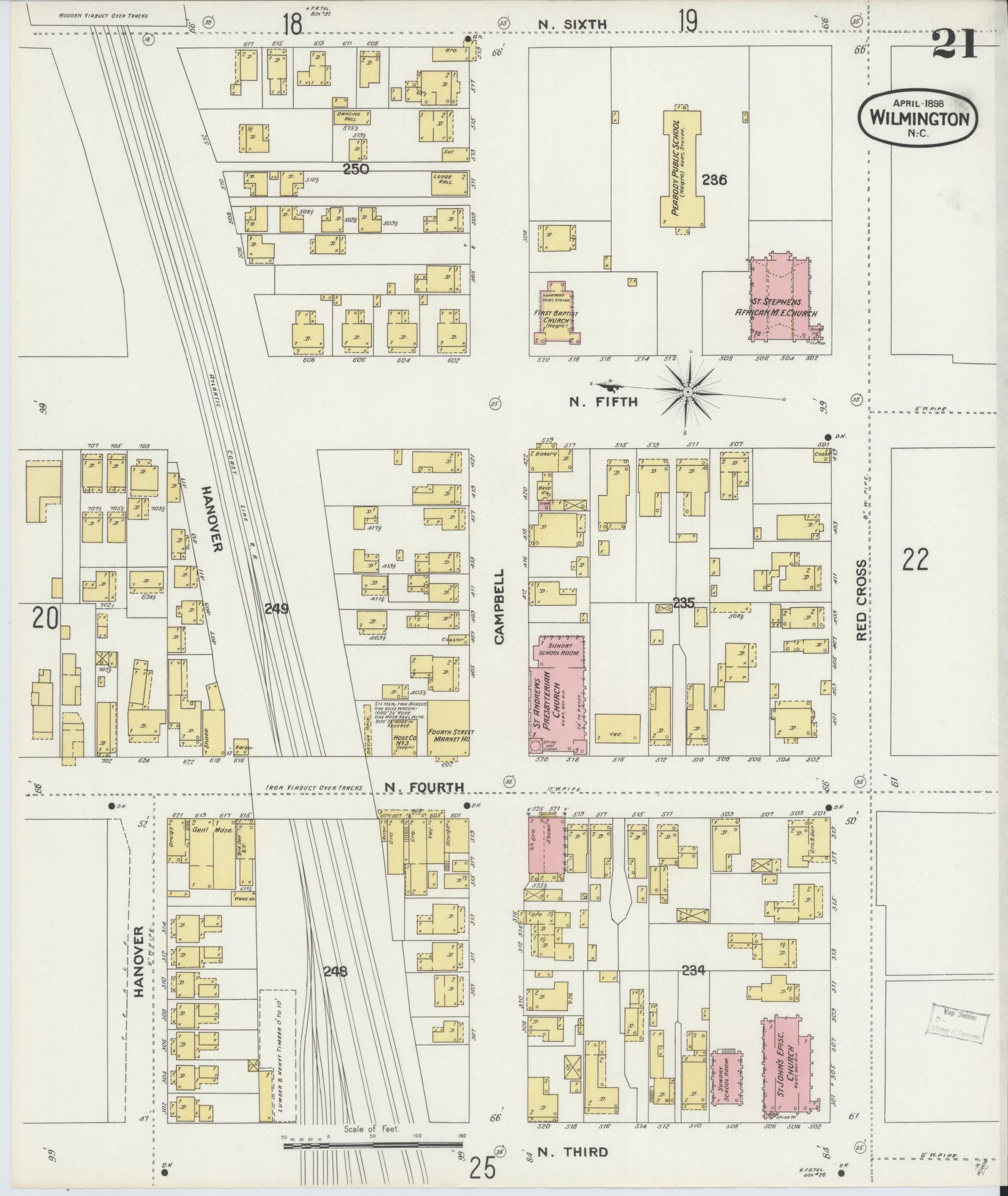 Sanborn Fire Insurance Map from Wilmington, New Hanover County, North Carolina (1898), Sheet #0021 - Historic Sanborn Fire Insurance Map Print, vintage old map wall art, antique decor, genealogy gift, North Carolina North Carolina map