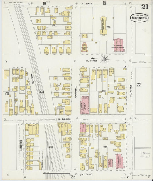 Sanborn Fire Insurance Map from Wilmington, New Hanover County, North Carolina (1898), Sheet #0021 - Historic Sanborn Fire Insurance Map Print, vintage old map wall art, antique decor, genealogy gift, North Carolina North Carolina map