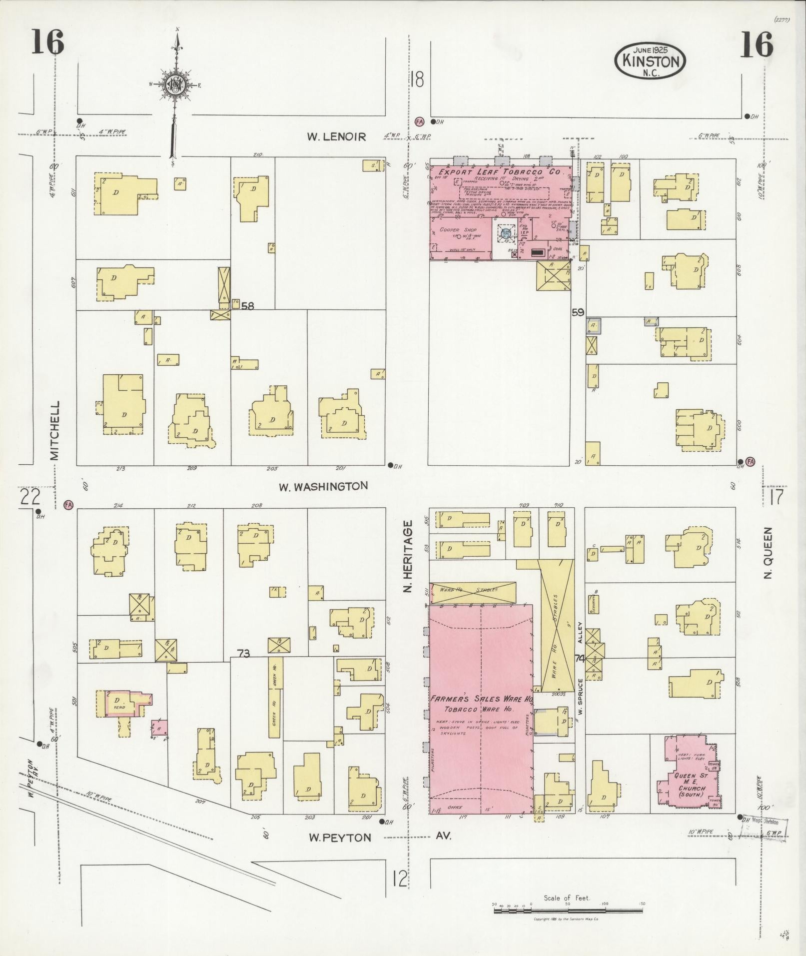Sanborn Fire Insurance Map from Kinston, Lenoir County, North Carolina (1925), Sheet #0016 - Historic Sanborn Fire Insurance Map Print, vintage old map wall art, antique decor, genealogy gift, North Carolina North Carolina map