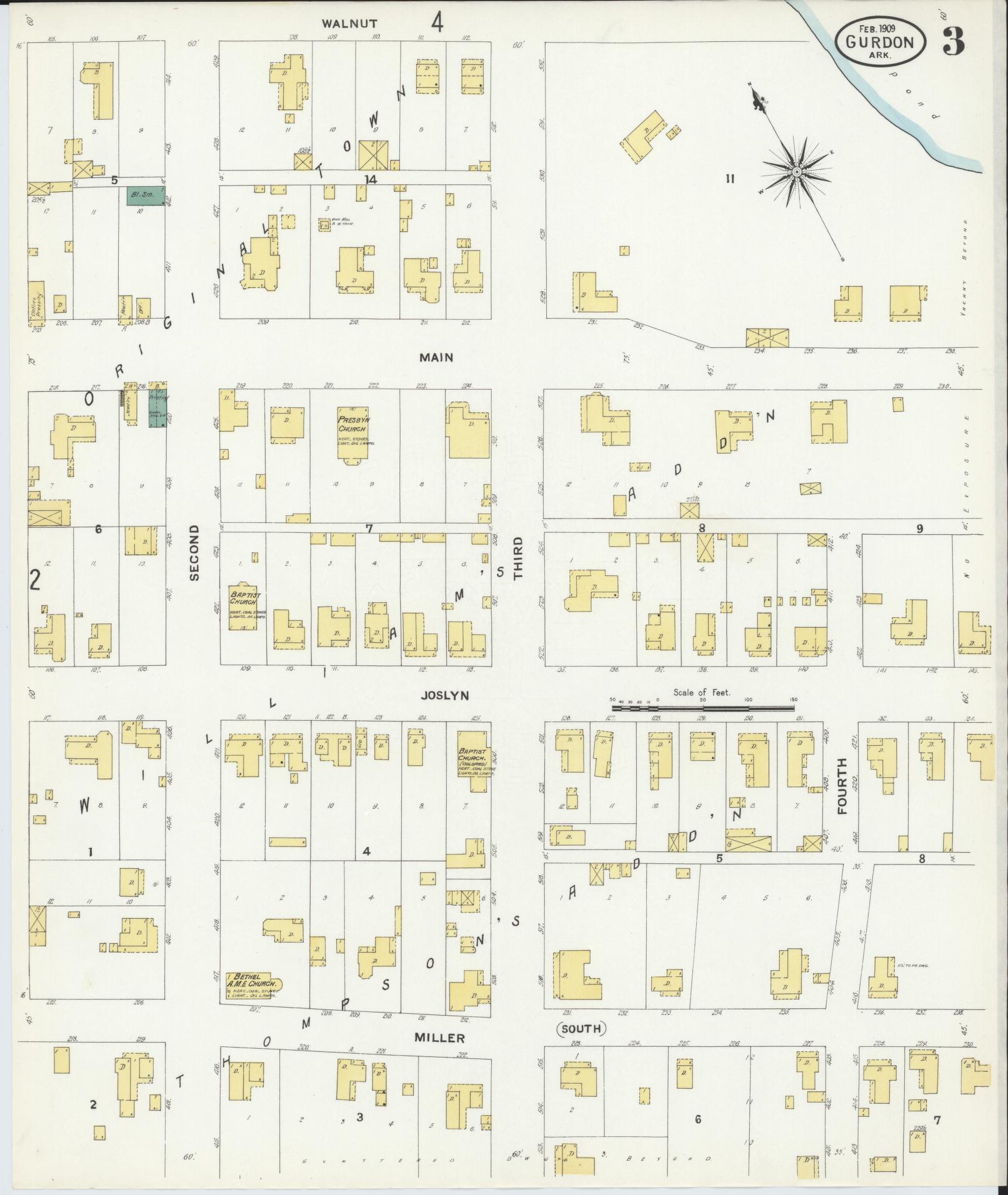 Sanborn Fire Insurance Map from Gurdon, Clark County, Arkansas (1909), Sheet #0003 - Historic Sanborn Fire Insurance Map Print, vintage old map wall art, antique decor, genealogy gift, Arkansas Arkansas map