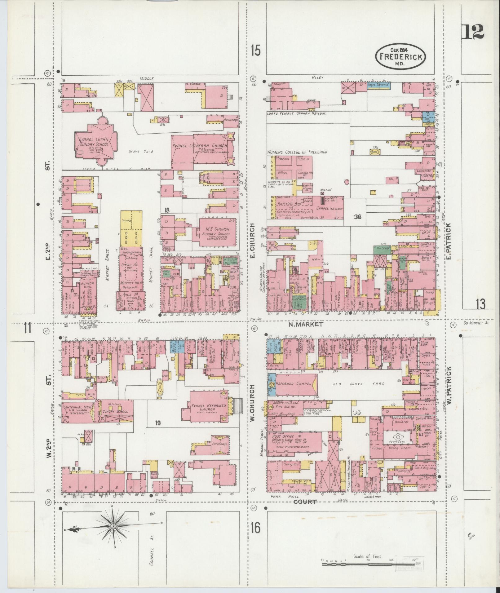 Frederick, Maryland - 1904 - Sanborn Fire Insurance Map, Sheet #0012 - Historic Sanborn Fire Insurance Map Print, Frederick Maryland 1904 0012 vintage old map wall art