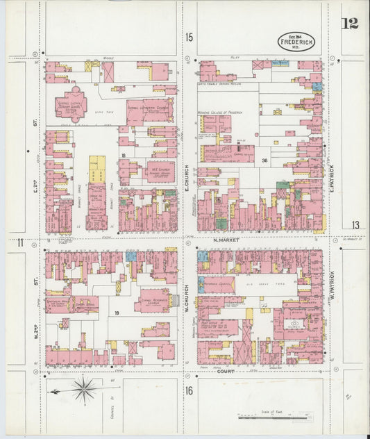Frederick, Maryland - 1904 - Sanborn Fire Insurance Map, Sheet #0012 - Historic Sanborn Fire Insurance Map Print, Frederick Maryland 1904 0012 vintage old map wall art