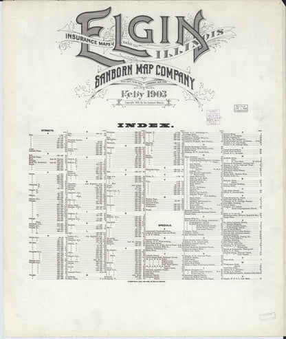 Sanborn Fire Insurance Map from Elgin, Kane County, Illinois (1903), Sheet #0001 - Historic Sanborn Fire Insurance Map Print, vintage old map wall art, antique decor, genealogy gift, Illinois Illinois map