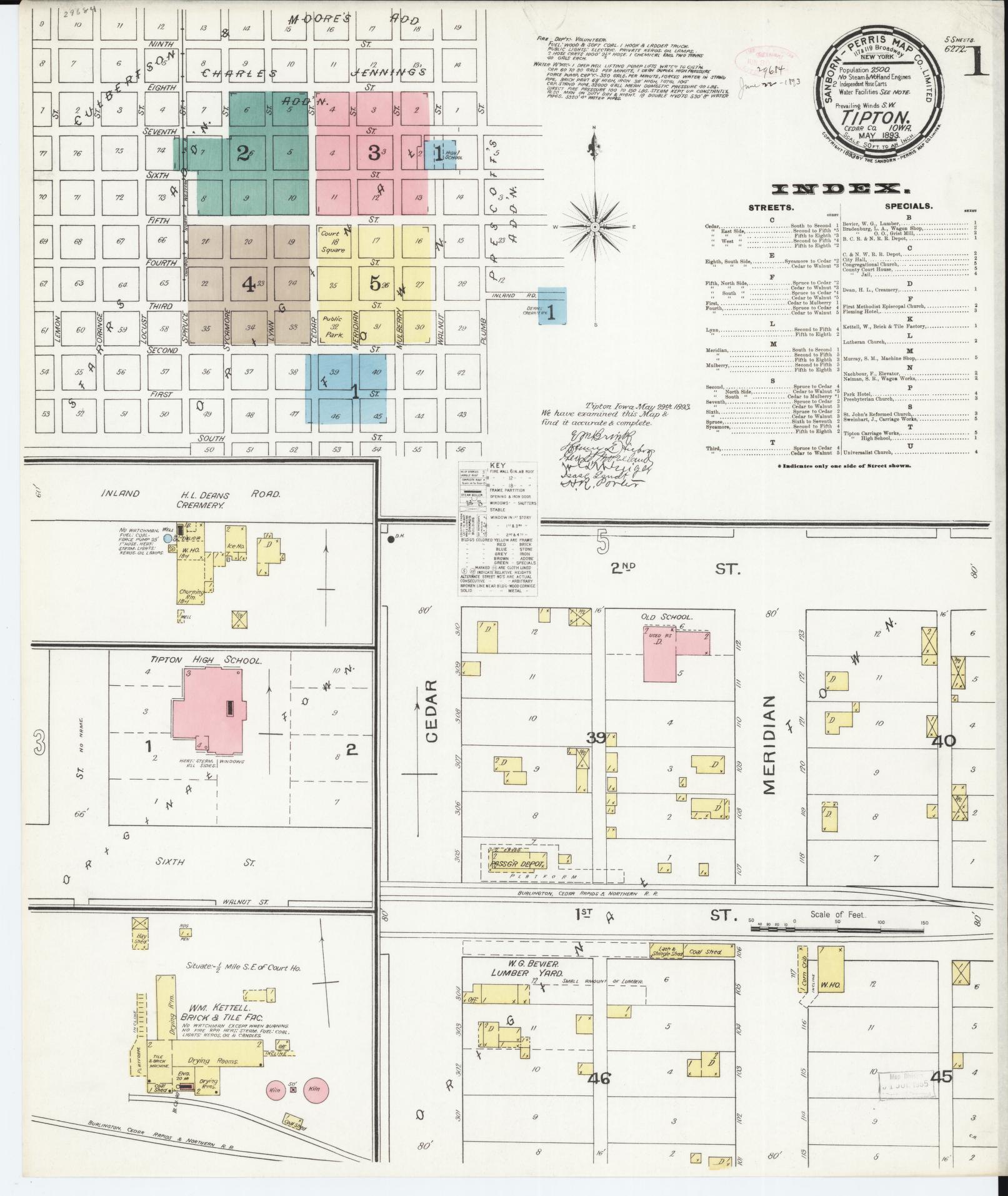 Sanborn Fire Insurance Map from Tipton, Cedar County, Iowa (1893), Sheet #0001 - Historic Sanborn Fire Insurance Map Print, vintage old map wall art