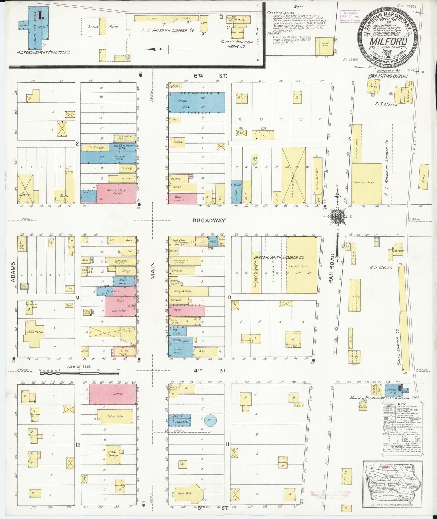 Sanborn Fire Insurance Map from Milford, Dickinson County, Iowa. (1916) – Map View