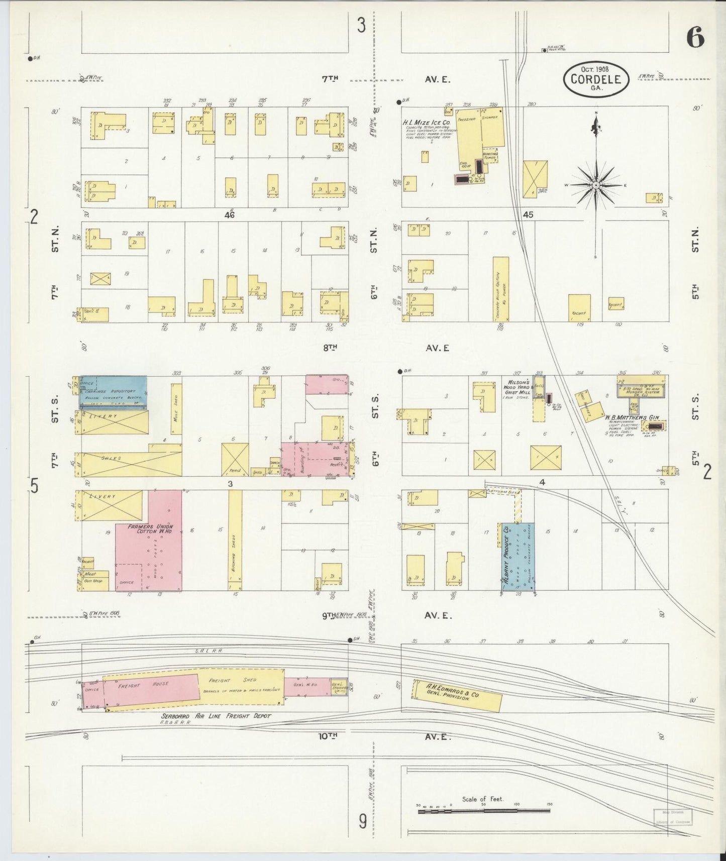 Sanborn Fire Insurance Map from Cordele, Crisp County, Georgia (1908), Sheet #0006 - Historic Sanborn Fire Insurance Map Print, vintage old map wall art, antique decor, genealogy gift, Georgia Georgia map