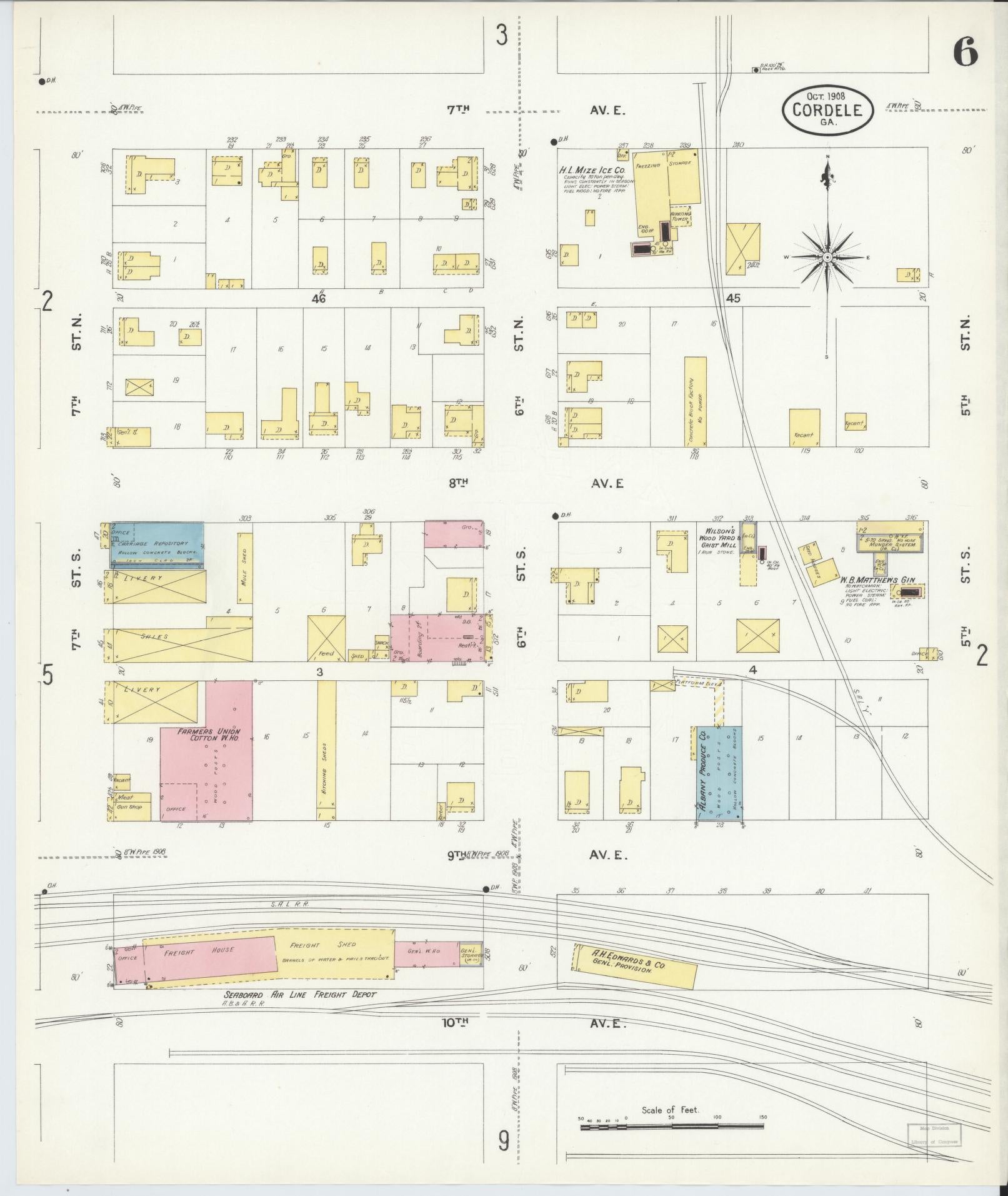 Sanborn Fire Insurance Map from Cordele, Crisp County, Georgia (1908), Sheet #0006 - Historic Sanborn Fire Insurance Map Print, vintage old map wall art, antique decor, genealogy gift, Georgia Georgia map
