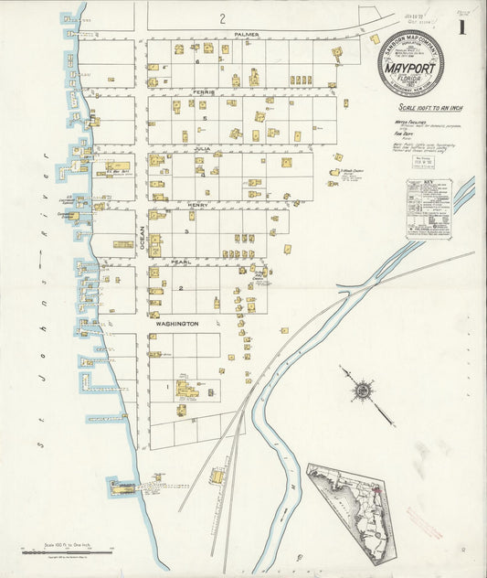 Sanborn Fire Insurance Map from Mayport, Duval County, Florida (1921), Sheet #0001 - Historic Sanborn Fire Insurance Map Print, vintage old map wall art, antique decor, genealogy gift, Florida Florida map