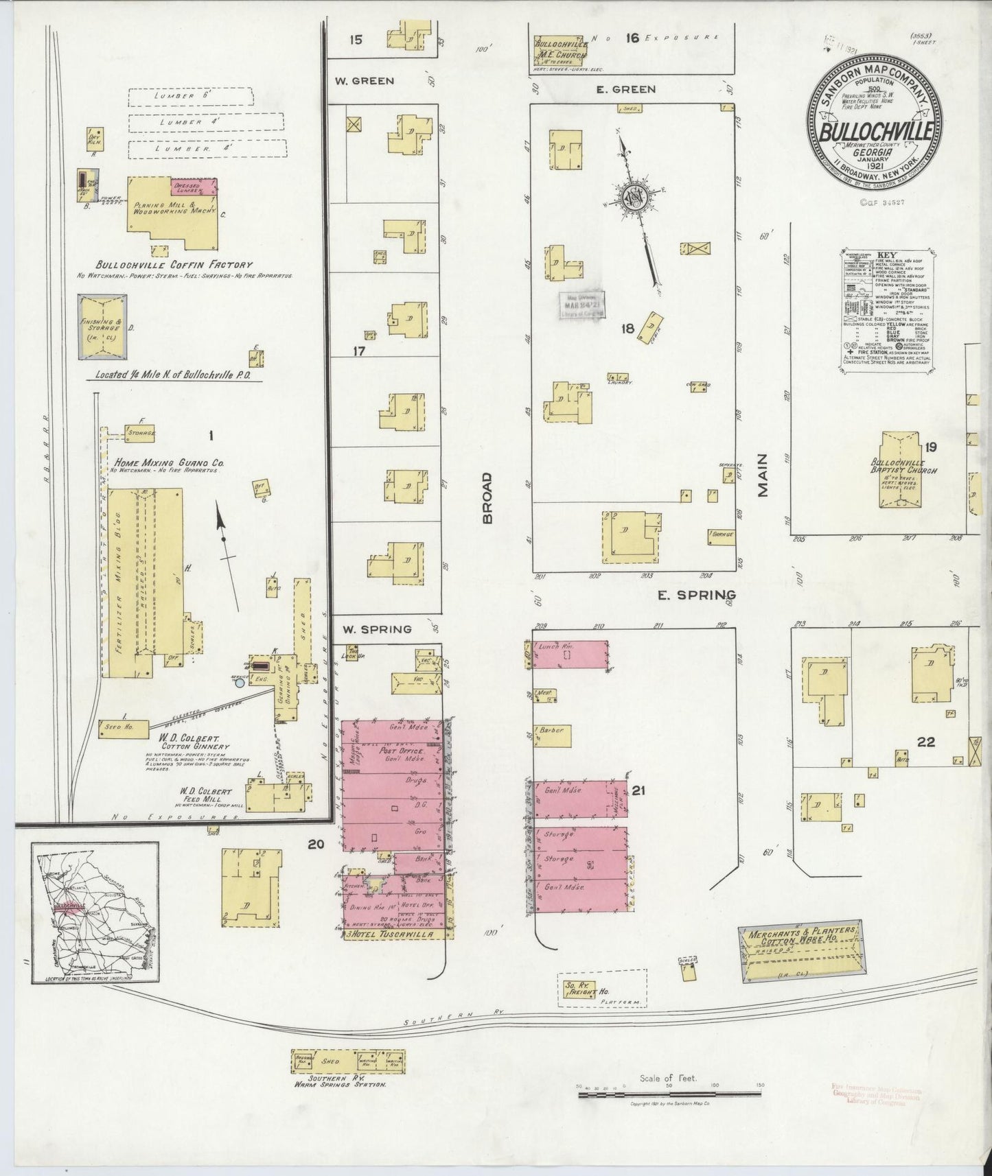 Sanborn Fire Insurance Map from Bullochville, Meriwether County, Georgia (1921), Sheet #0001 - Historic Sanborn Fire Insurance Map Print, vintage old map wall art, antique decor, genealogy gift, Georgia Georgia map
