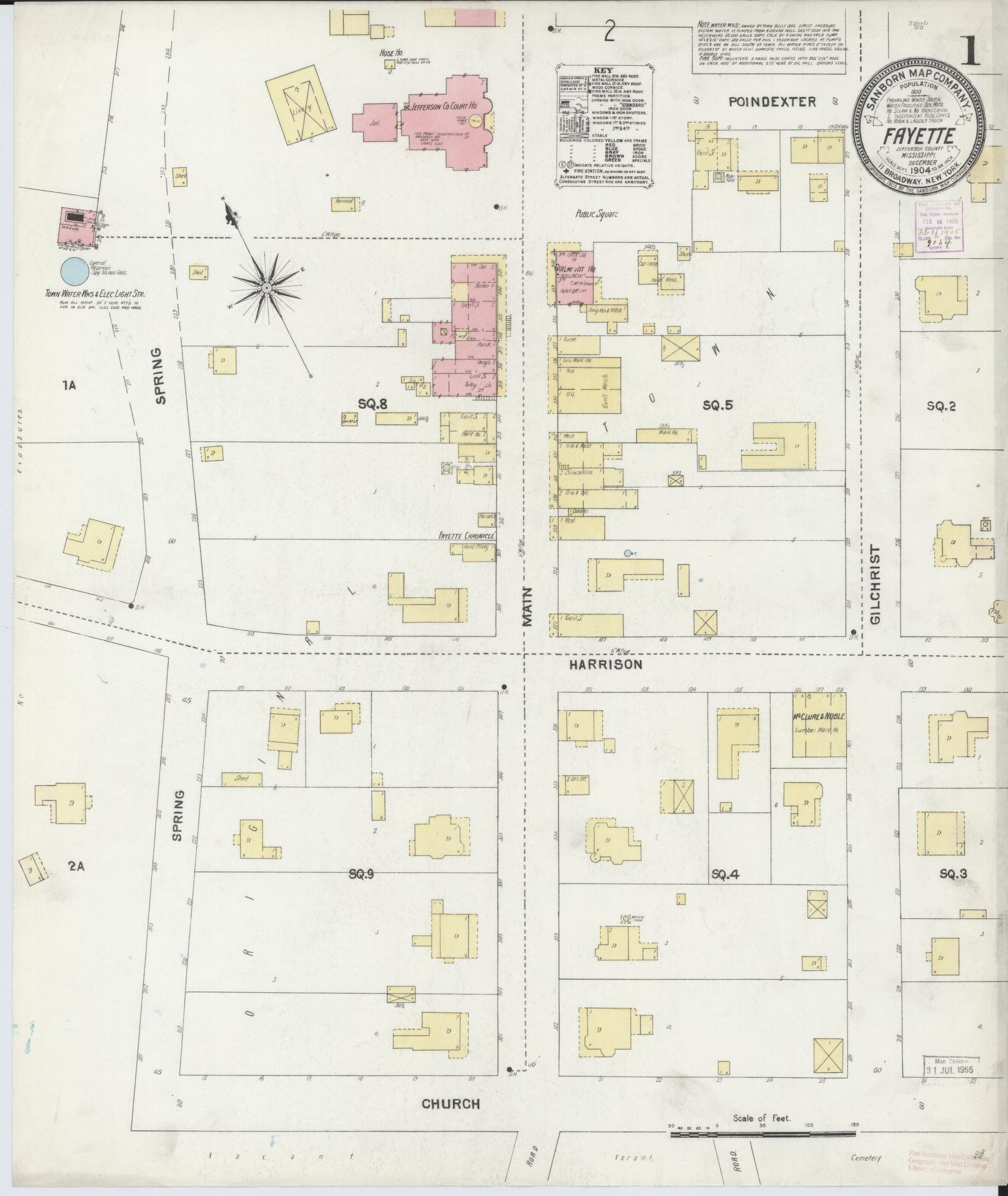 Sanborn Fire Insurance Map from Fayette, Jefferson County, Mississippi (1904), Sheet #0001 - Historic Sanborn Fire Insurance Map Print, vintage old map wall art, antique decor, genealogy gift, Mississippi Mississippi map