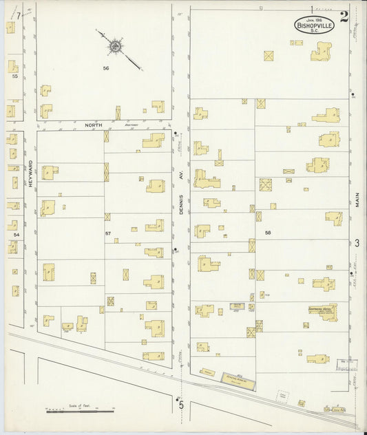 Sanborn Fire Insurance Map from Bishopville, Lee County, South Carolina (1916), Sheet #0002 - Historic Sanborn Fire Insurance Map Print, vintage old map wall art, antique decor, genealogy gift, South Carolina South Carolina map
