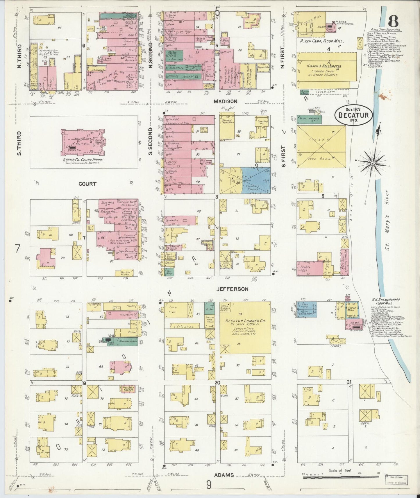 Sanborn Fire Insurance Map from Decatur, Adams County, Indiana (1907), Sheet #0008 - Historic Sanborn Fire Insurance Map Print, vintage old map wall art, antique decor, genealogy gift, Indiana Indiana map