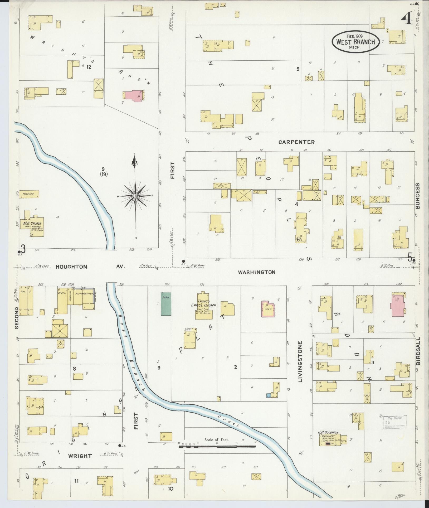 Sanborn Fire Insurance Map from West Branch, Ogemaw County, Michigan (1909), Sheet #0004 - Historic Sanborn Fire Insurance Map Print, vintage old map wall art, antique decor, genealogy gift, Michigan Michigan map