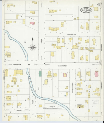 Sanborn Fire Insurance Map from West Branch, Ogemaw County, Michigan (1909), Sheet #0004 - Historic Sanborn Fire Insurance Map Print, vintage old map wall art, antique decor, genealogy gift, Michigan Michigan map