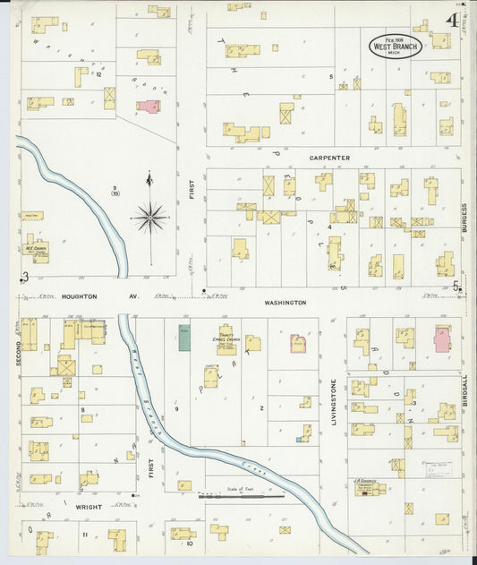 Sanborn Fire Insurance Map from West Branch, Ogemaw County, Michigan (1909), Sheet #0004 - Historic Sanborn Fire Insurance Map Print, vintage old map wall art, antique decor, genealogy gift, Michigan Michigan map