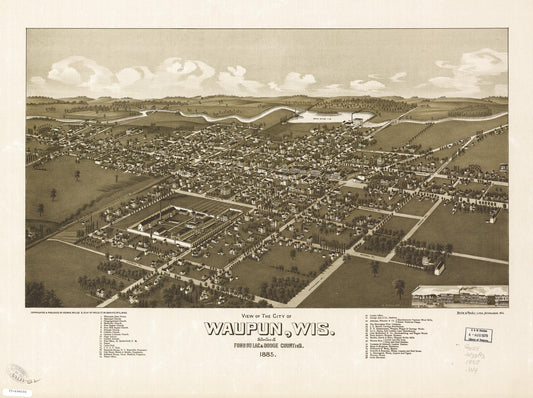 View of the city of Waupun, Wis., situated in Fond du Lac & Dodge Counties. (1885) – Historic Bird’s-Eye View Panorama Print