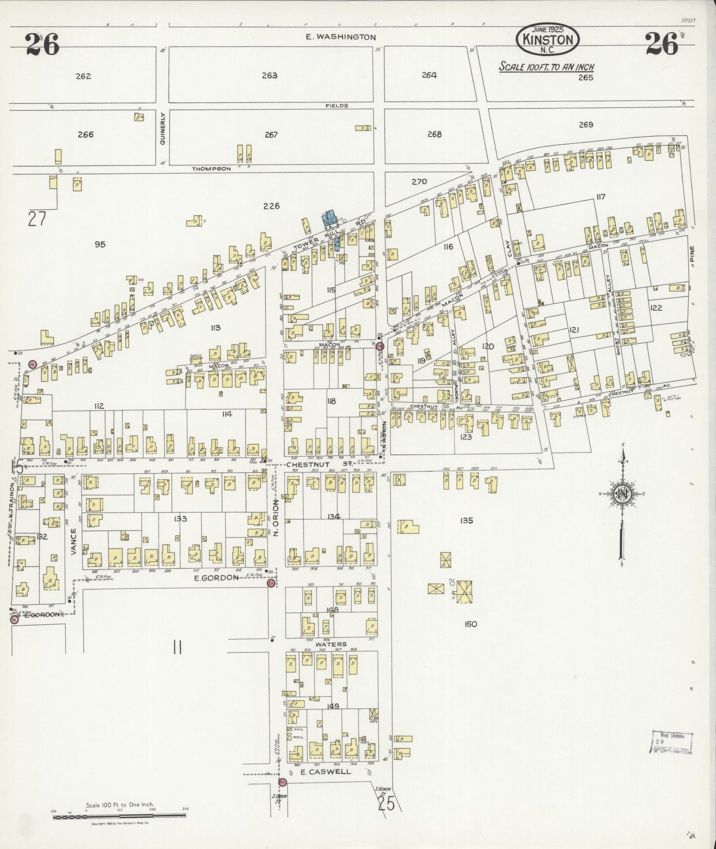 Sanborn Fire Insurance Map from Kinston, Lenoir County, North Carolina (1925), Sheet #0026 - Historic Sanborn Fire Insurance Map Print, vintage old map wall art, antique decor, genealogy gift, North Carolina North Carolina map