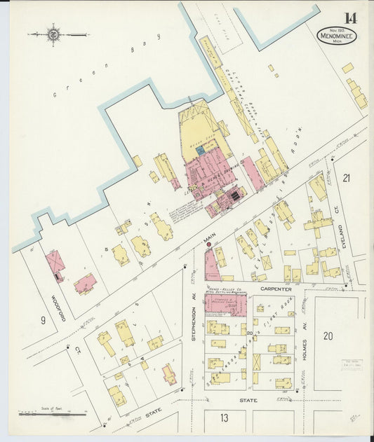 Sanborn Fire Insurance Map from Menominee, Menominee County, Michigan (1913), Sheet #0014 - Historic Sanborn Fire Insurance Map Print, vintage old map wall art, antique decor, genealogy gift, Michigan Michigan map