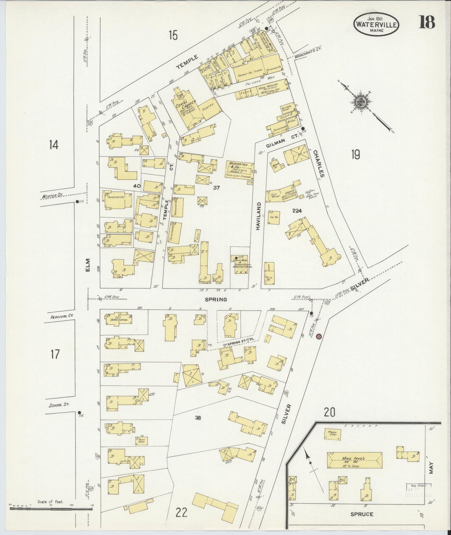Sanborn Fire Insurance Map from Waterville, Kennebec County, Maine (1911), Sheet #0018 - Historic Sanborn Fire Insurance Map Print, vintage old map wall art, antique decor, genealogy gift, Maine Maine map