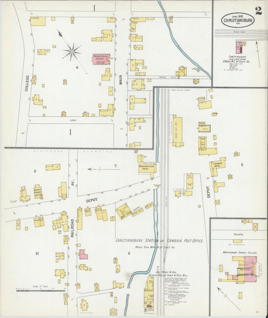 Sanborn Fire Insurance Map from Christiansburg, Montgomery County, Virginia (1902), Sheet #0002 - Historic Sanborn Fire Insurance Map Print, vintage old map wall art, antique decor, genealogy gift, Virginia Virginia map