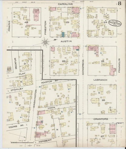 Sanborn Fire Insurance Map from Houston, Harris County, Texas (1885), Sheet #0008 - Complete Map Set gallery image, historic Sanborn map, vintage wall art, Texas Texas