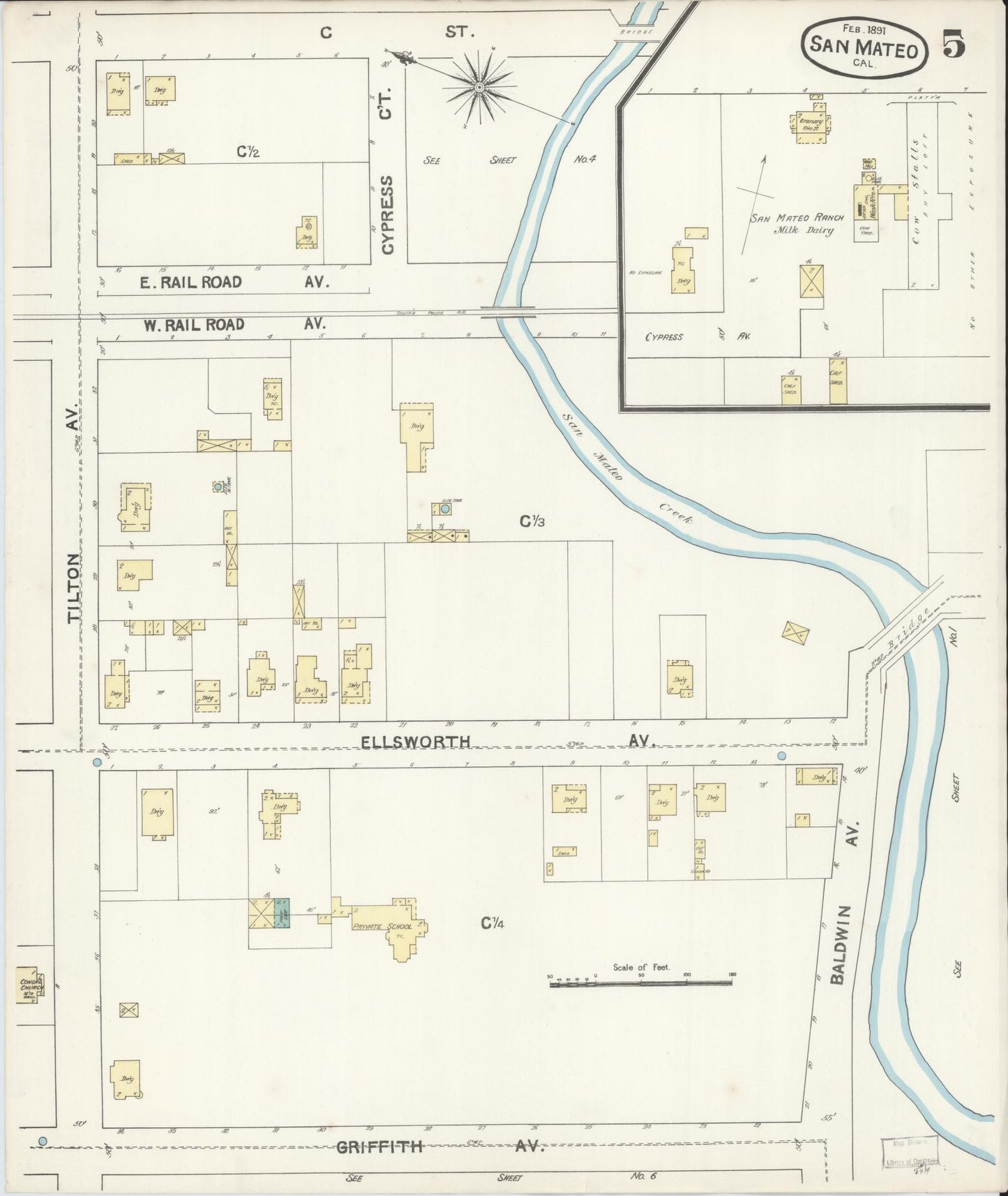 Sanborn Fire Insurance Map from San Mateo, San Mateo County, California (1891), Sheet #0005 - Complete Map Set gallery image, historic Sanborn map, vintage wall art, California California