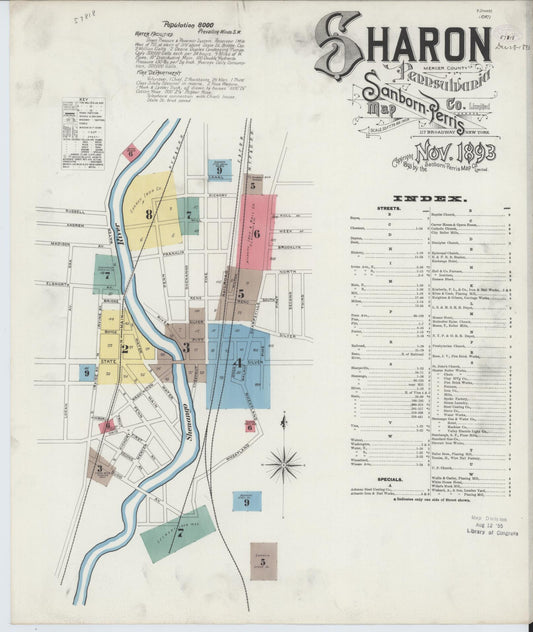 Sanborn Fire Insurance Map from Sharon, Mercer County, Pennsylvania (1893), Sheet #0001 - Historic Sanborn Fire Insurance Map Print, vintage old map wall art, antique decor, genealogy gift, Pennsylvania Pennsylvania map